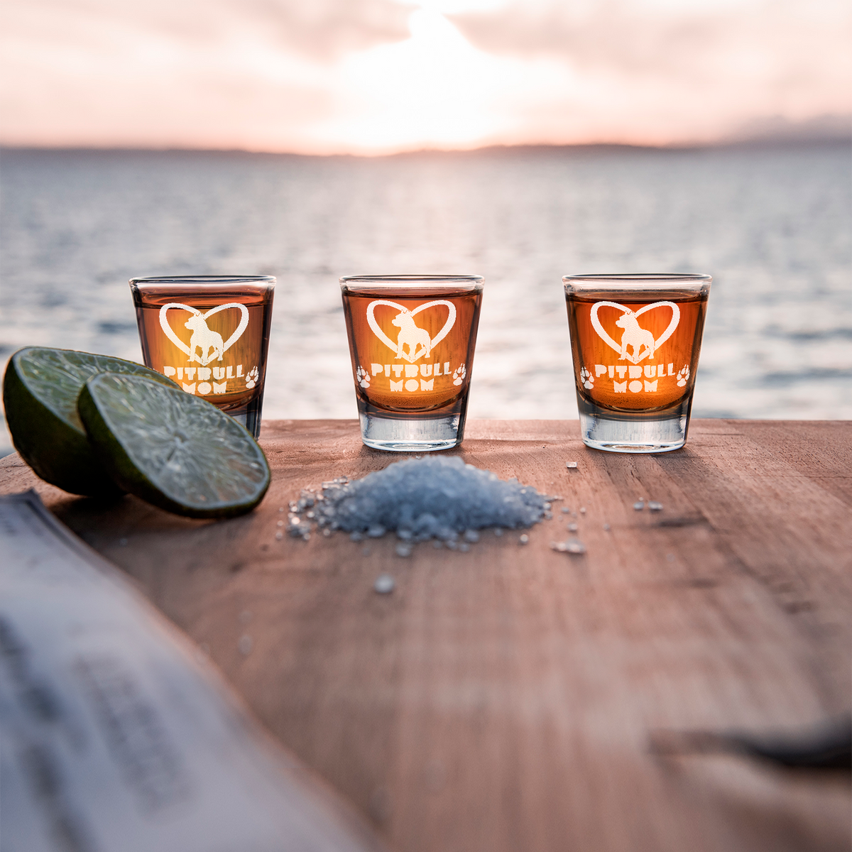  Pitbull Mom Etched on 2oz Shot Glasses - Set of 2