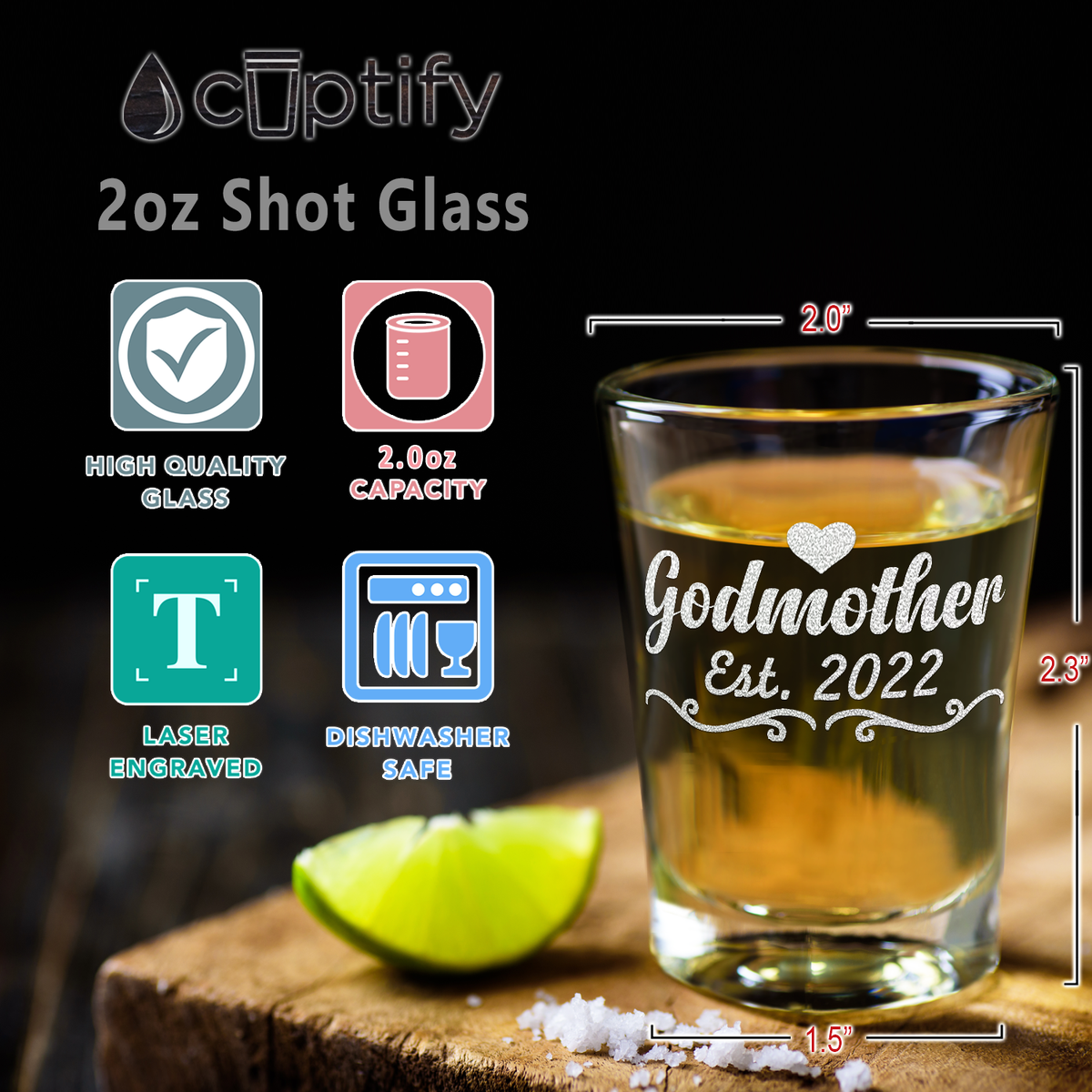  Godmother Est. 2022 Etched on 2oz Shot Glasses - Set of 2