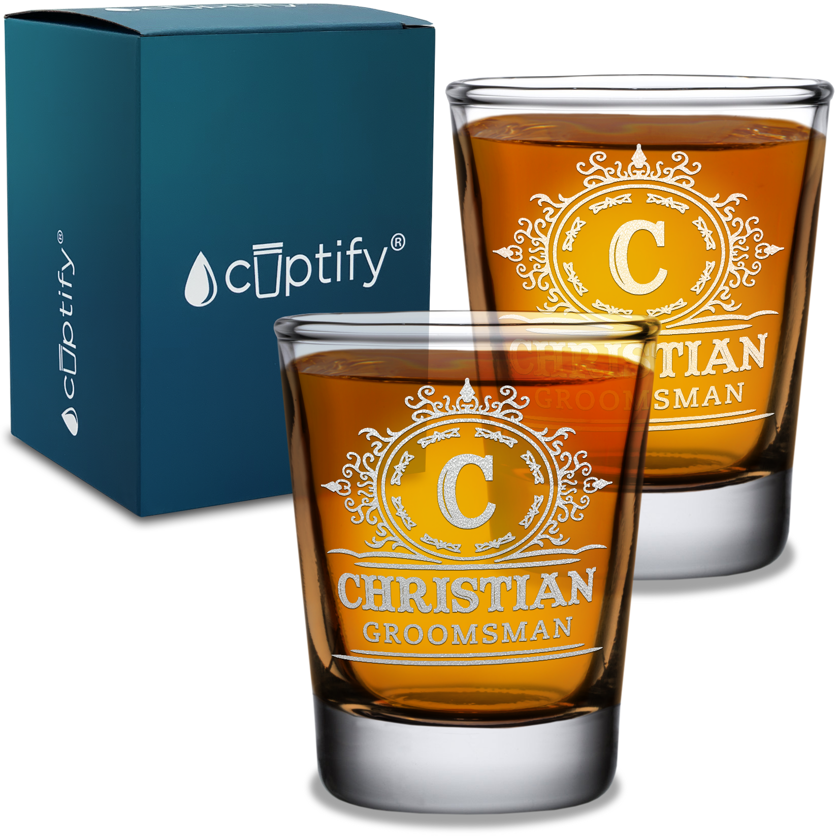  Personalized Groomsman Initial Etched on 2oz Shot Glasses - Set of 2