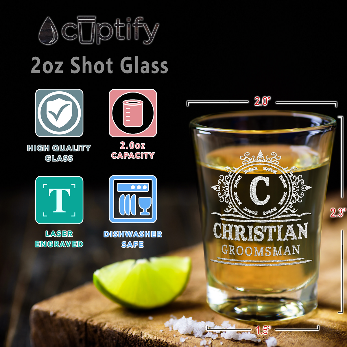  Personalized Groomsman Initial Etched on 2oz Shot Glasses - Set of 2