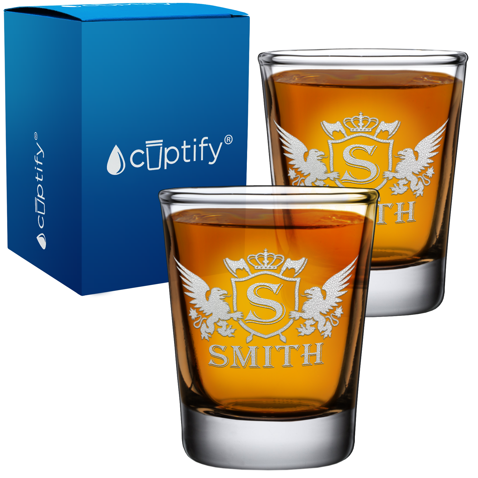 Personalized Initial Badge Crown 2oz Shot Glasses - Set of 2