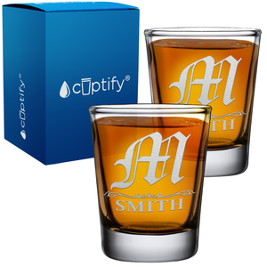 Personalized Gothic Initial Etched 2oz Shot Glasses - Set of 2