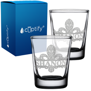 Personalized Fleur de Lis Etched 2oz Shot Glasses - Set of 2