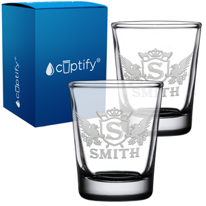 Personalized Initial Badge Crown Etched 2oz Shot Glasses - Set of 2