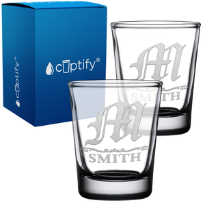 Personalized Gothic Initial Etched 2oz Shot Glasses - Set of 2