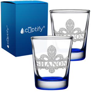 Personalized Fleur de Lis Etched 2oz Shot Glasses - Set of 2