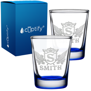 Personalized Initial Badge Crown Etched 2oz Shot Glasses - Set of 2