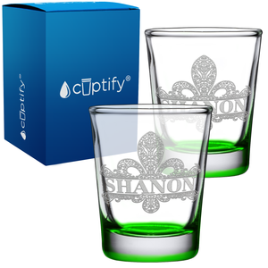 Personalized Fleur de Lis Etched 2oz Shot Glasses - Set of 2