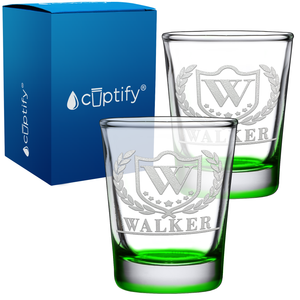 Personalized Initial and Name with Laurels Etched 2oz Shot Glasses - Set of 2