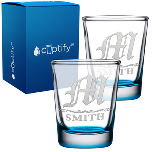 Personalized Gothic Initial Etched 2oz Shot Glasses - Set of 2