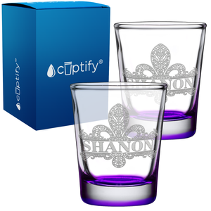 Personalized Fleur de Lis Etched 2oz Shot Glasses - Set of 2