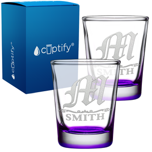 Personalized Gothic Initial Etched 2oz Shot Glasses - Set of 2