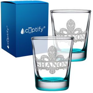 Personalized Fleur de Lis Etched 2oz Shot Glasses - Set of 2