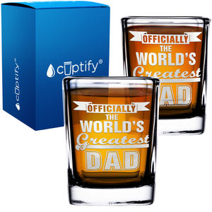 Officially The World's Greatest Dad Etched on 2oz Square Shot Glasses - Set of 2