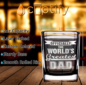 Officially The World's Greatest Dad Etched on 2oz Square Shot Glasses - Set of 2