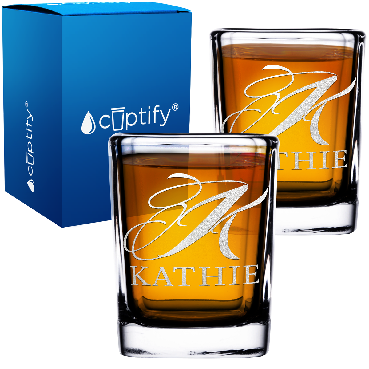 Personalized Script Initial and Name 2oz Square Shot Glasses - Set of 2