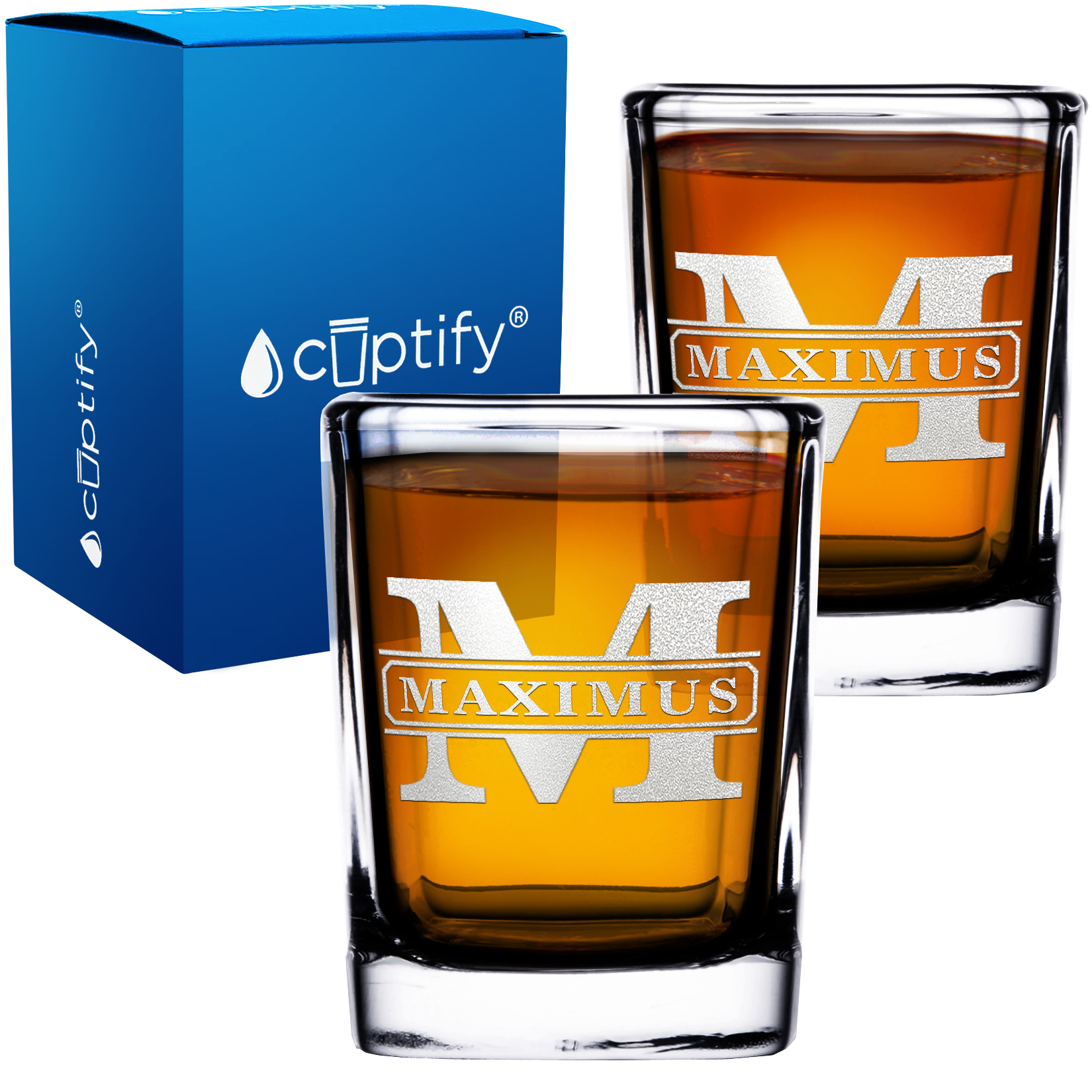 Personalized Vintage Block Etched 2oz Square Shot Glasses - Set of 2