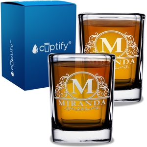 Personalized Elaborate Circle Etched on 2oz Square Shot Glasses - Set of 2