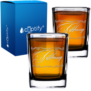 Personalized Scroll Script Etched 2oz Square Shot Glasses - Set of 2