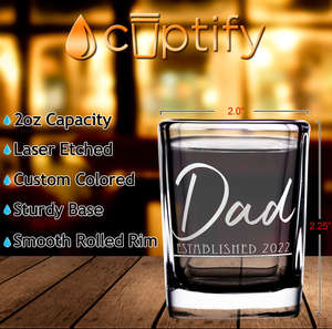 Dad Established 2022 Etched on 2oz Square Shot Glasses - Set of 2