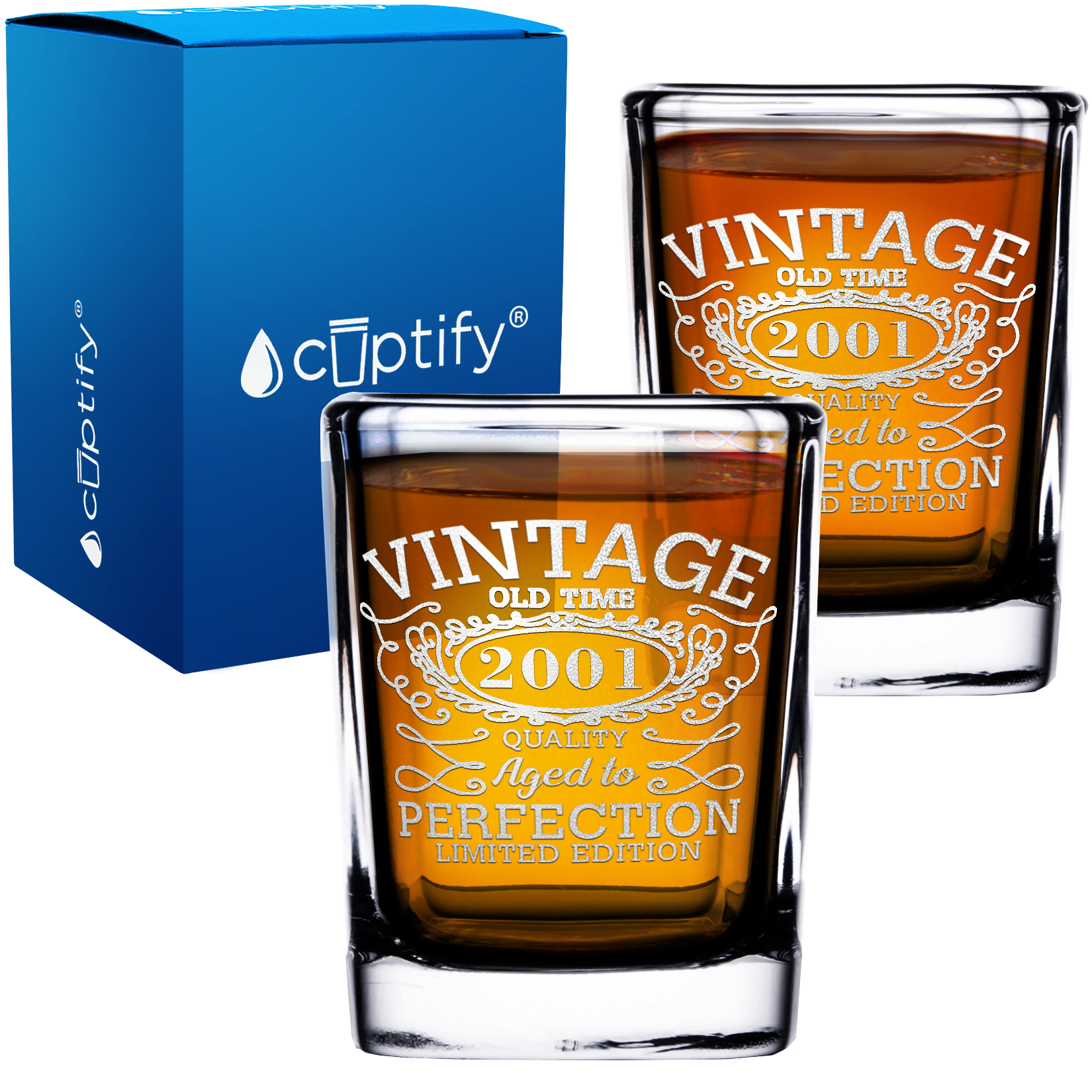 21st Birthday Vintage 21 Years Old Time 2001 Quality 2oz Square Shot Glasses - Set of 2