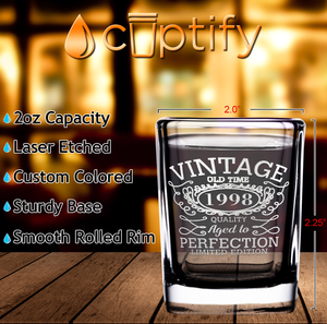 24th Birthday Vintage 24 Years Old Time 1998 Quality Etched on 2oz Square Shot Glasses - Set of 2