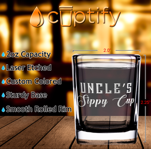 Uncle's Sippy Cup Etched on 2oz Square Shot Glasses - Set of 2