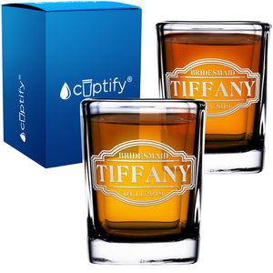 Personalized Bridesmaid with Date Etched on 2oz Square Shot Glasses - Set of 2