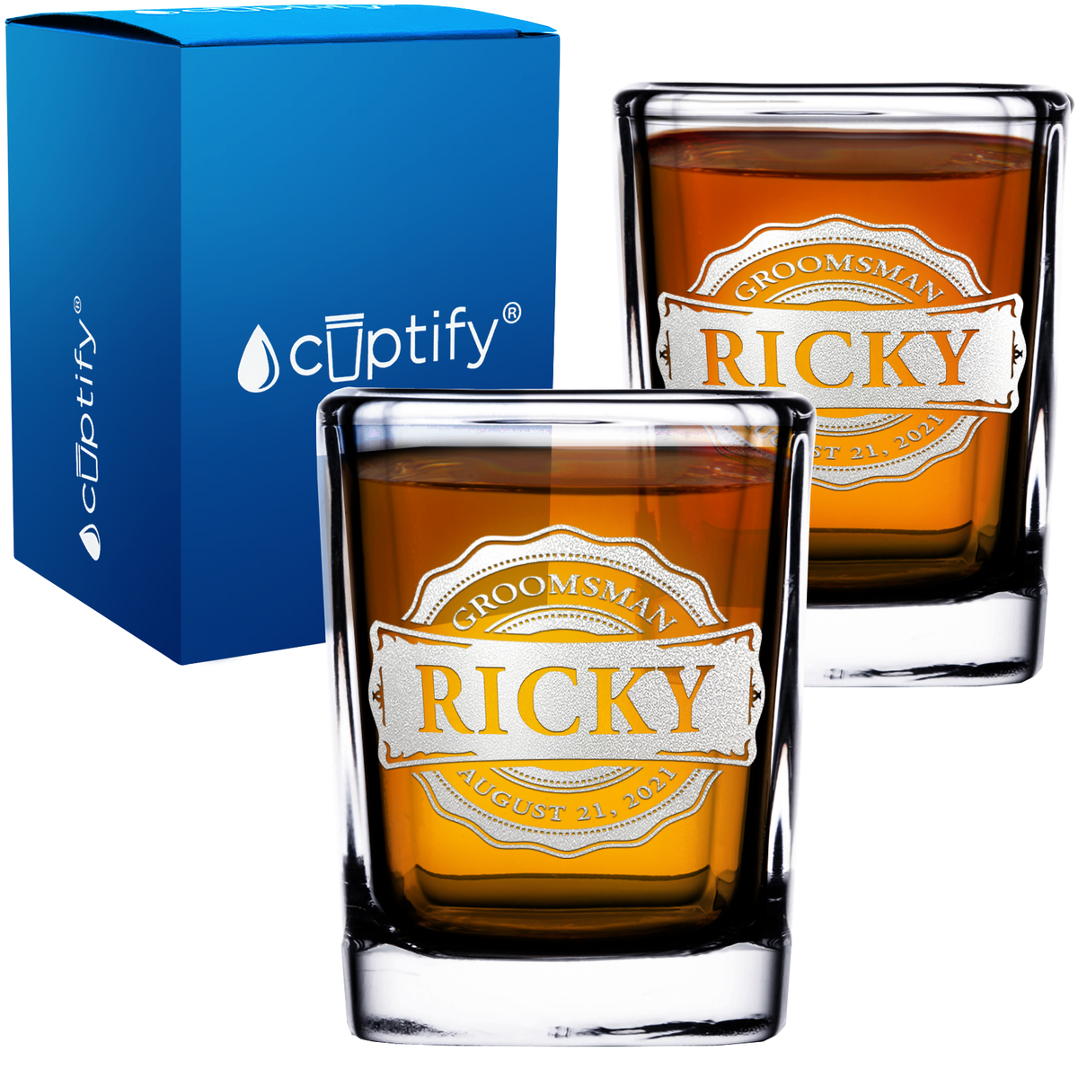 Personalized Groomsman Circle 2oz Square Shot Glasses - Set of 2