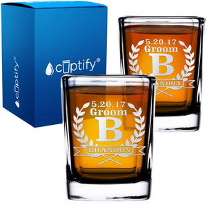 Personalized Groomsman Laurels Etched on 2oz Square Shot Glasses - Set of 2