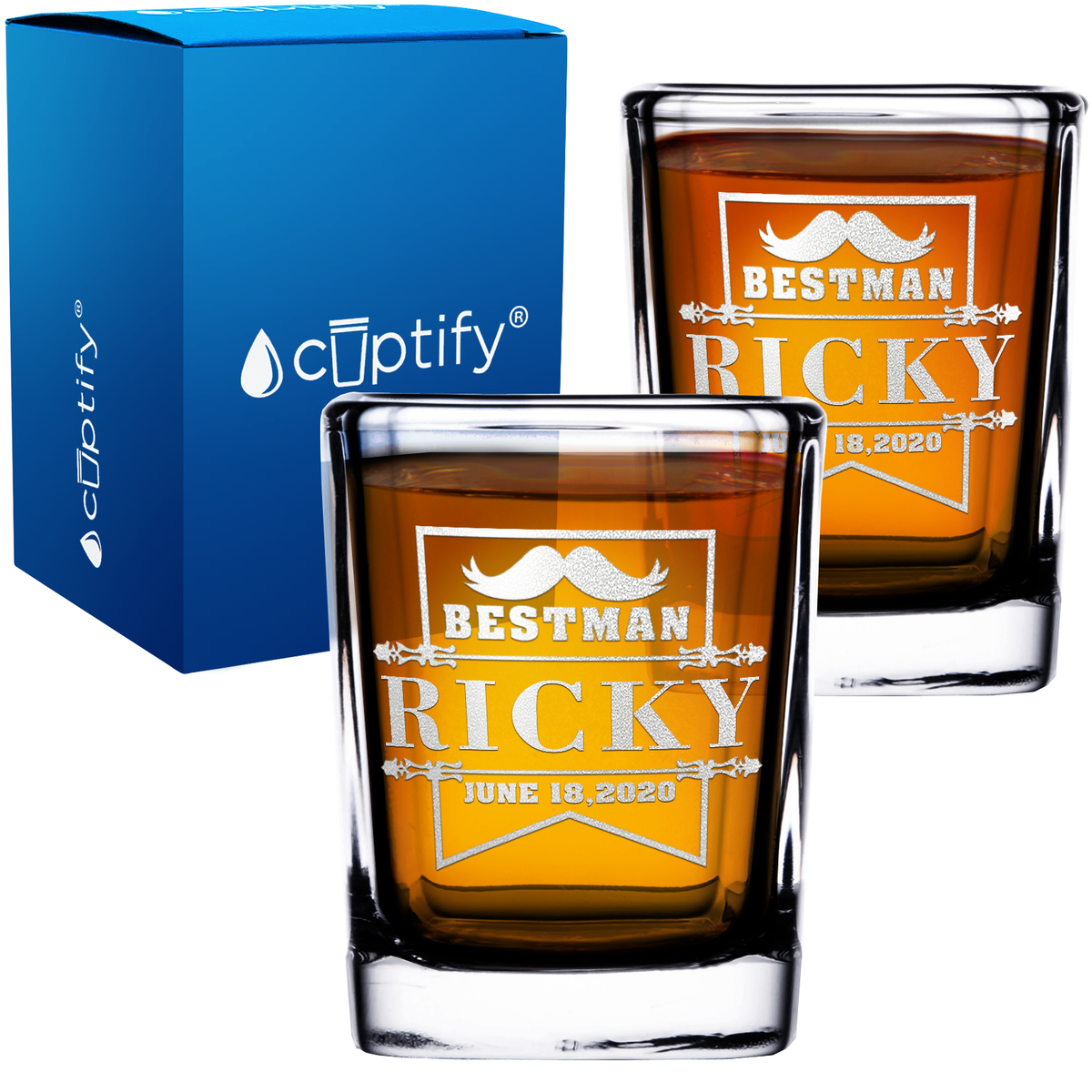 Personalized Groomsman Badge 2oz Square Shot Glasses - Set of 2