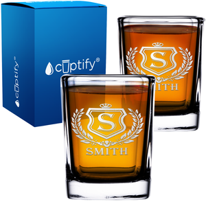 Personalized Monogram Initial Badge Etched 2oz Square Shot Glasses - Set of 2