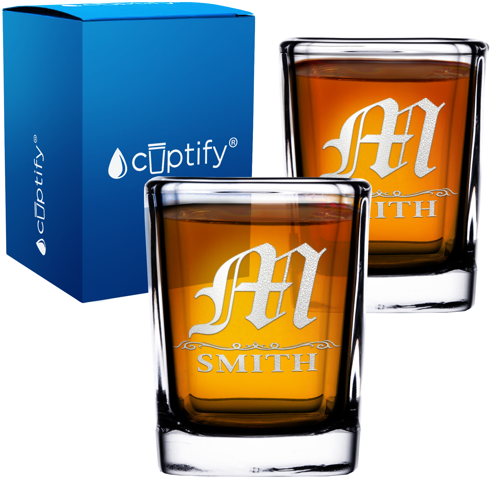 Personalized Gothic Initial Etched 2oz Square Shot Glasses - Set of 2