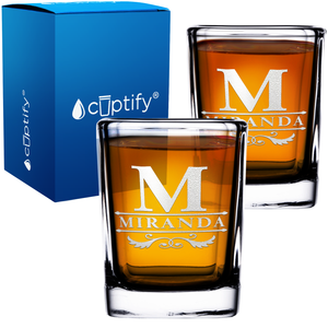Personalized Initial Style Etched 2oz Square Shot Glasses - Set of 2