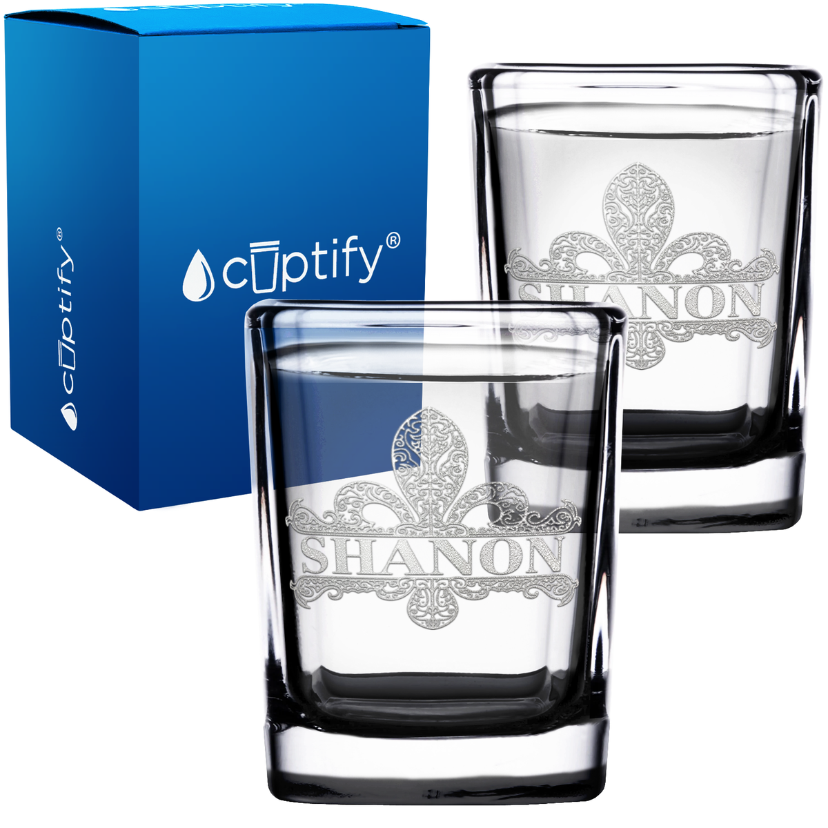 Personalized Fleur de Lis Etched 2oz Square Shot Glasses - Set of 2