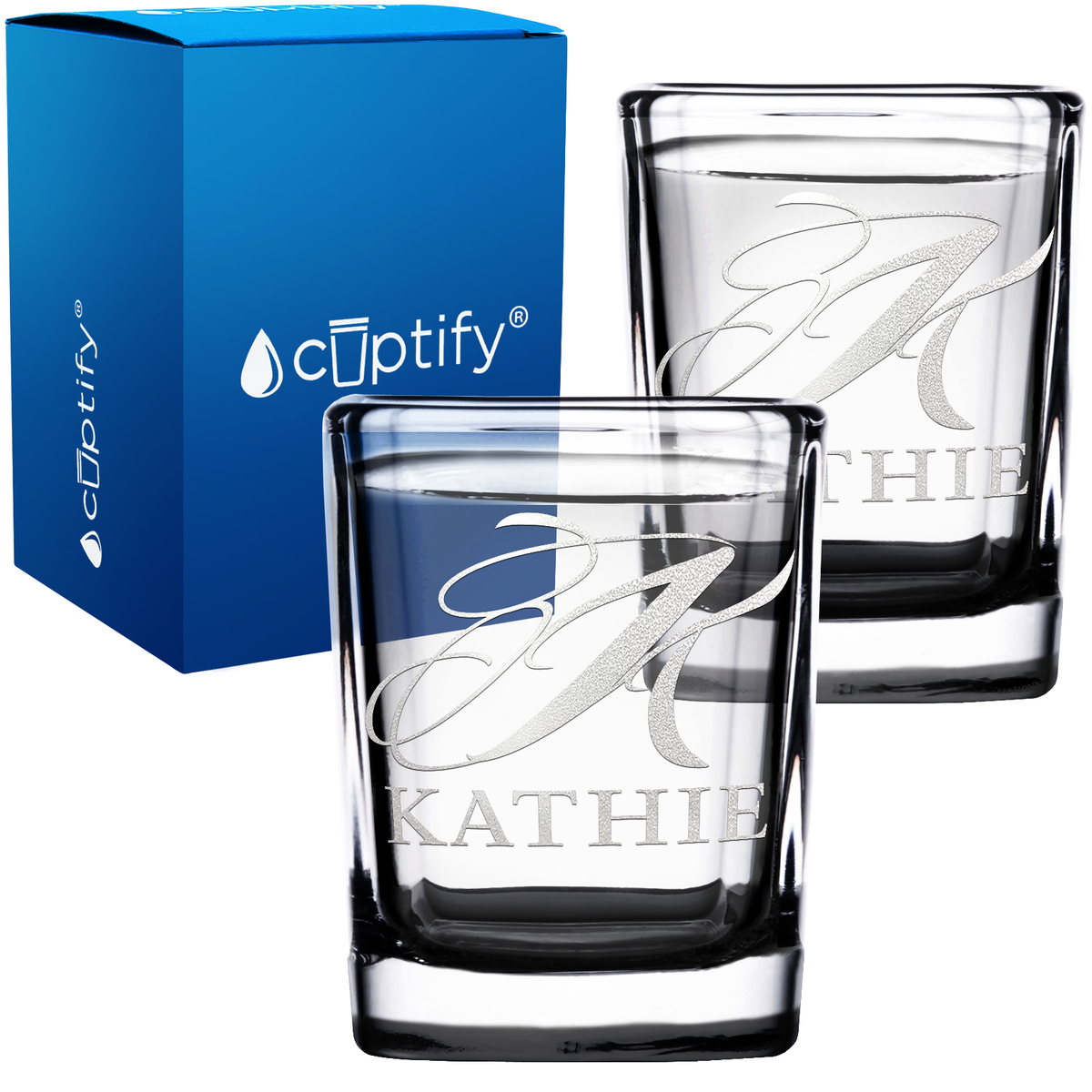 Personalized Script Initial and Name 2oz Square Shot Glasses - Set of 2