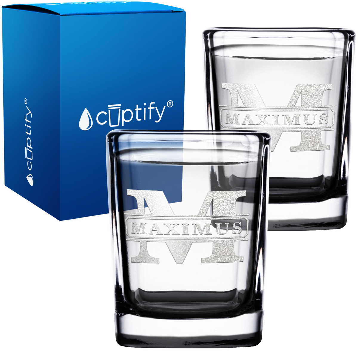 Personalized Vintage Block Etched 2oz Square Shot Glasses - Set of 2