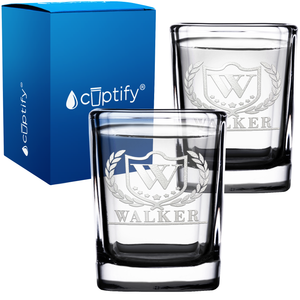 Personalized Initial and Name with Laurels Etched 2oz Square Shot Glasses - Set of 2