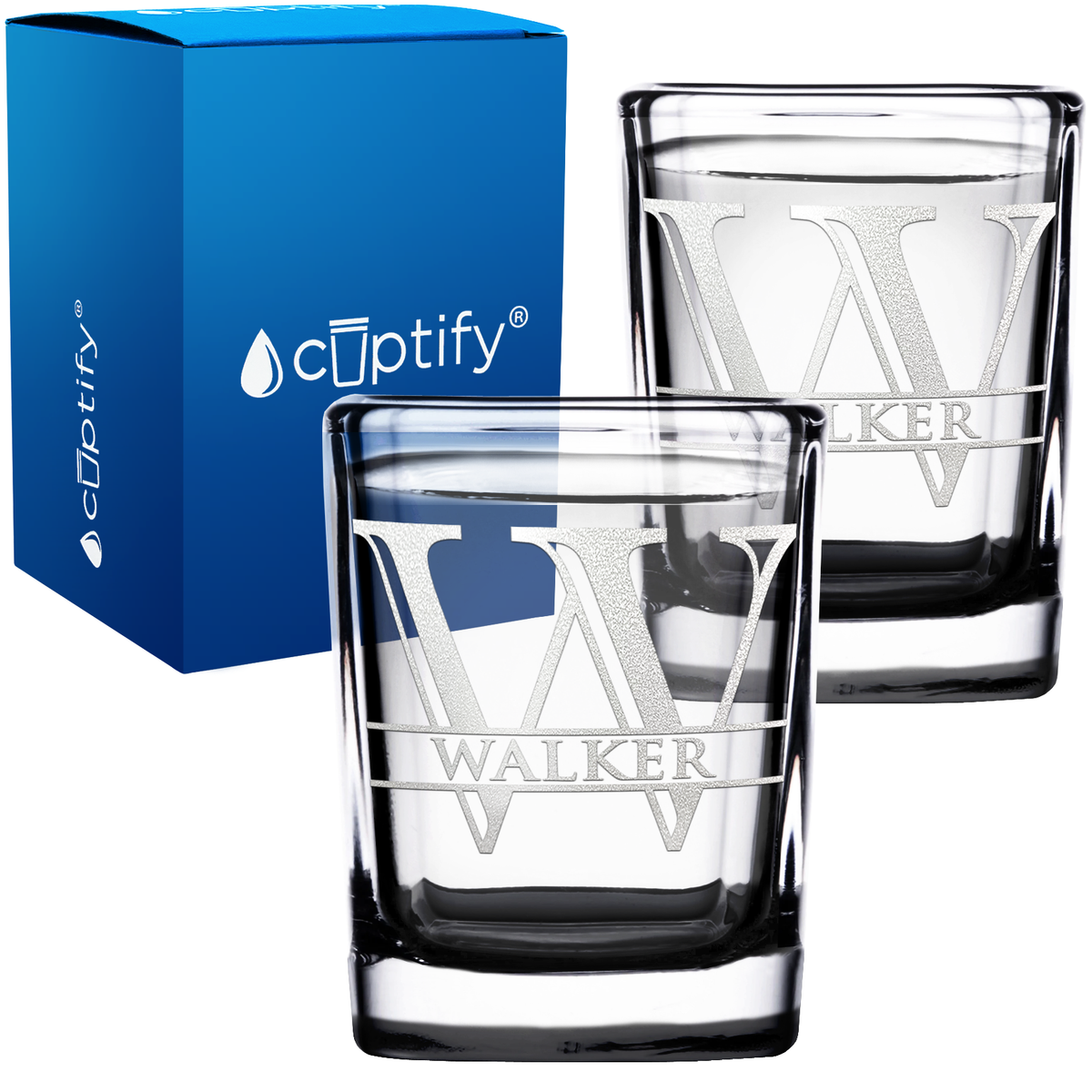 Personalized Split Script Initial and Name 2oz Square Shot Glasses - Set of 2