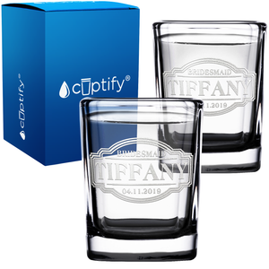 Personalized Bridesmaid with Date Etched on 2oz Square Shot Glasses - Set of 2