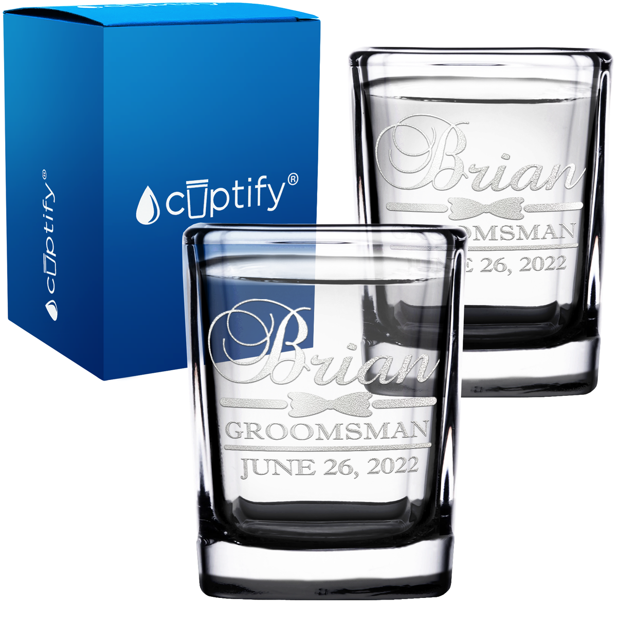 Personalized Groomsman Bow Tie 2oz Square Shot Glasses - Set of 2