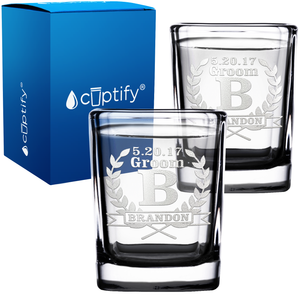 Personalized Groomsman Laurels Etched on 2oz Square Shot Glasses - Set of 2