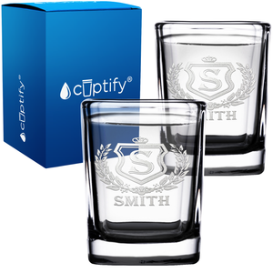 Personalized Monogram Initial Badge Etched 2oz Square Shot Glasses - Set of 2
