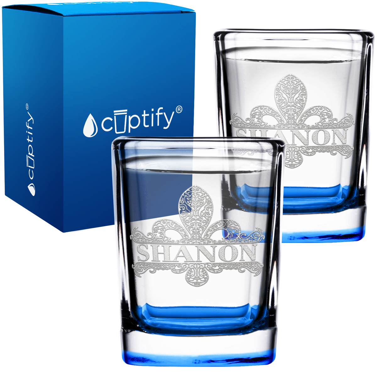 Personalized Fleur de Lis Etched 2oz Square Shot Glasses - Set of 2