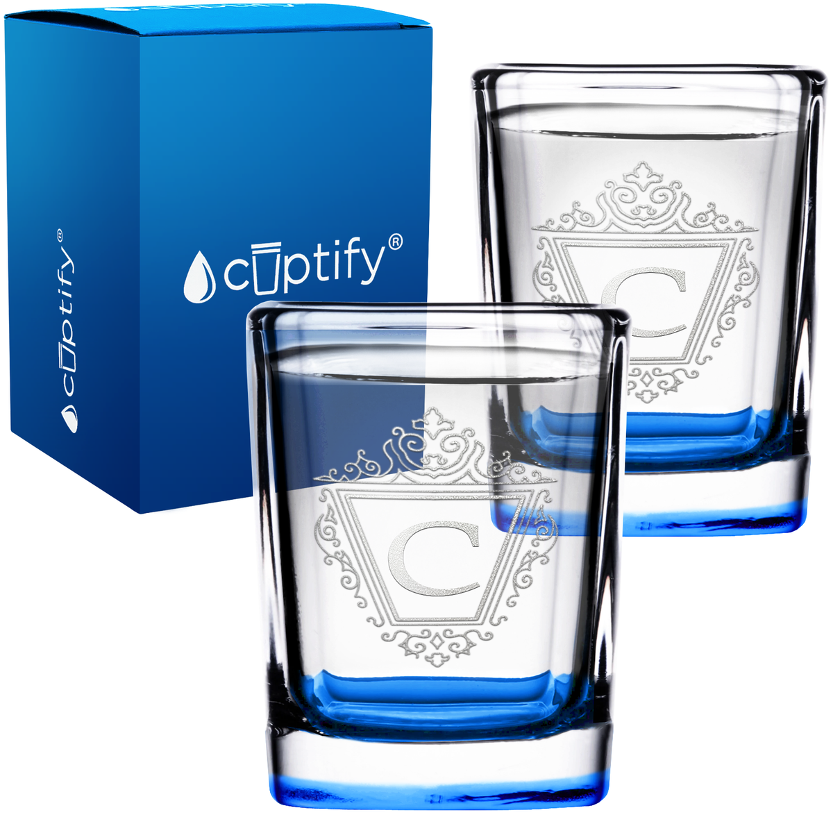 Personalized Classic Crest Etched 2oz Square Shot Glasses - Set of 2
