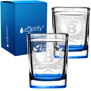 Personalized Groomsman Laurels Etched on 2oz Square Shot Glasses - Set of 2