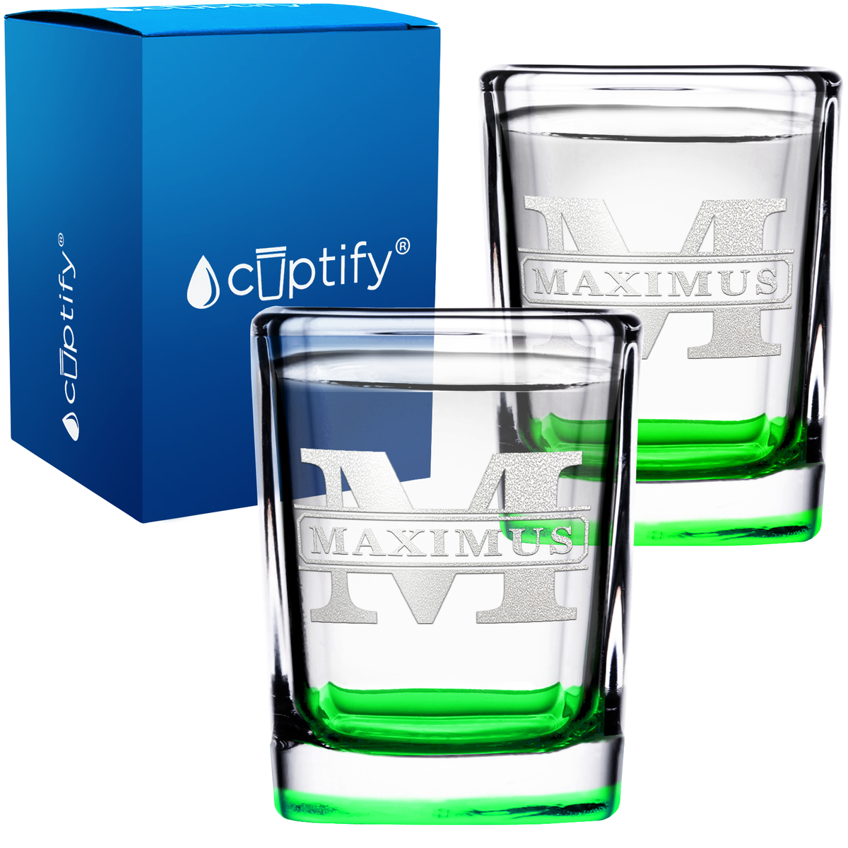 Personalized Vintage Block Etched 2oz Square Shot Glasses - Set of 2