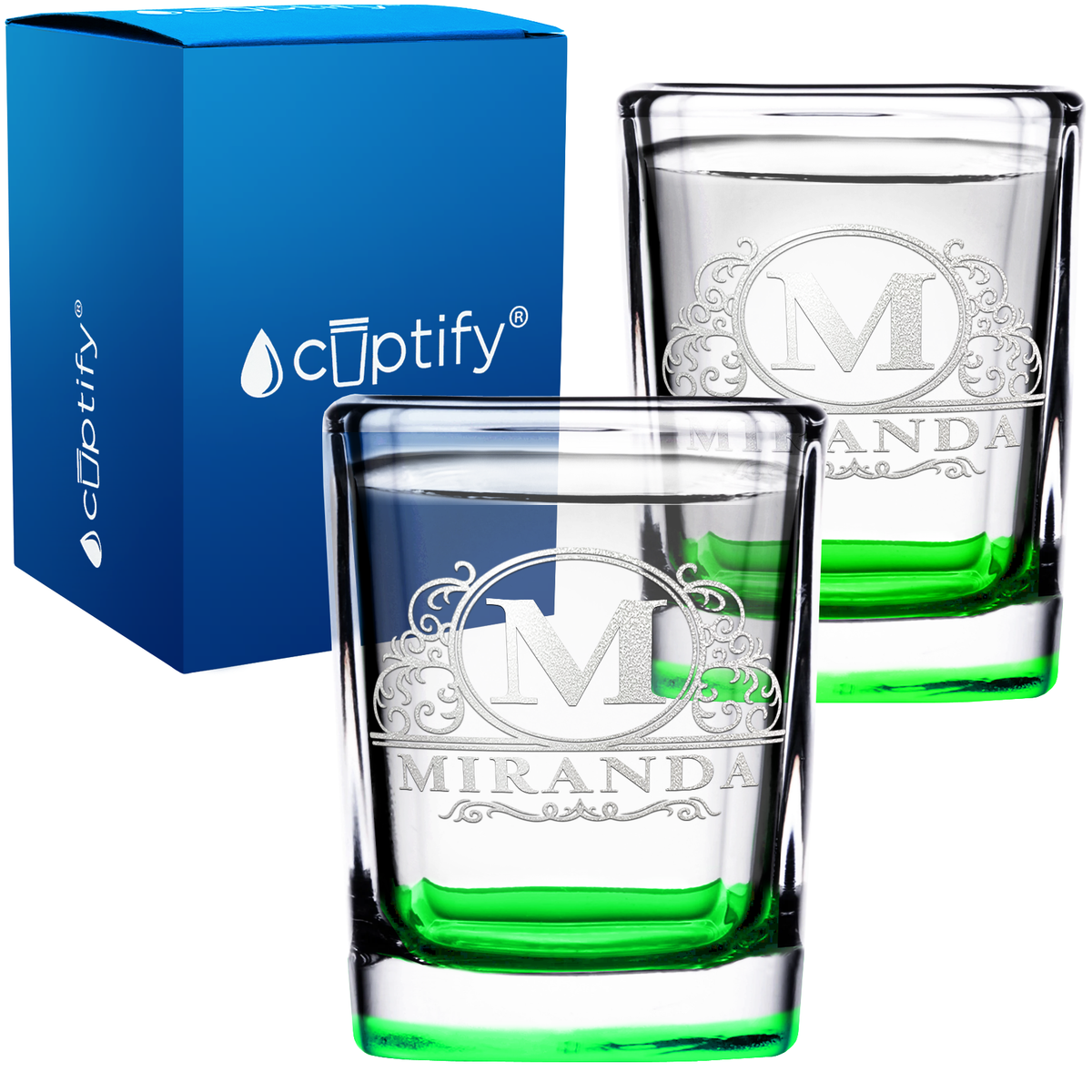 Personalized Elaborate Circle 2oz Square Shot Glasses - Set of 2