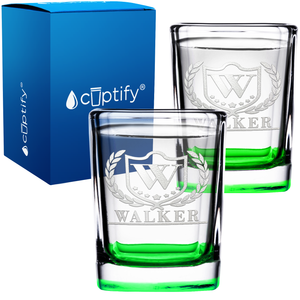 Personalized Initial and Name with Laurels Etched 2oz Square Shot Glasses - Set of 2