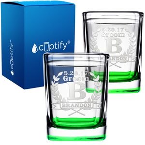 Personalized Groomsman Laurels Etched on 2oz Square Shot Glasses - Set of 2
